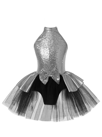 Kids Girls Halter Neck Sequins Bowknot Tulle Ballet Tutu Dress