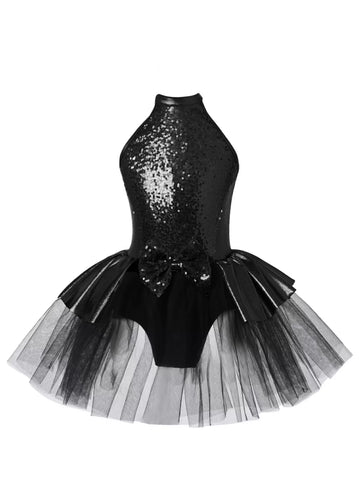 Kids Girls Halter Neck Sequins Bowknot Tulle Ballet Tutu Dress