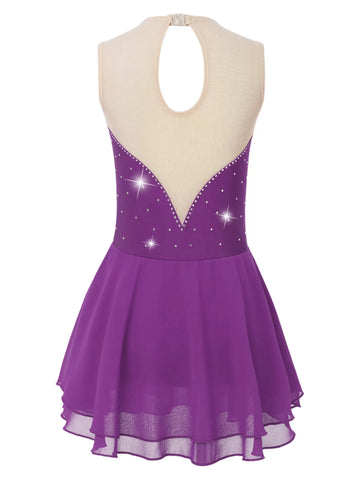 Kids Girls Sleeveless Shiny Rhinestone A-line Skating Dress