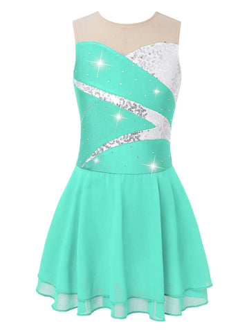 Kids Girls Sleeveless Shiny Rhinestone A-line Skating Dress