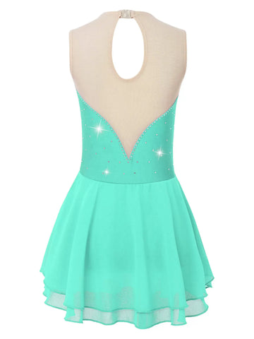 Kids Girls Sleeveless Shiny Rhinestone A-line Skating Dress