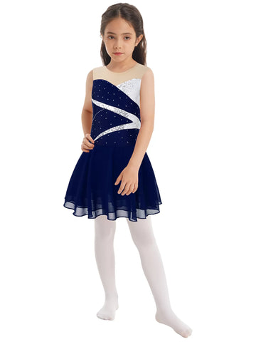 Kids Girls Sleeveless Shiny Rhinestone A-line Skating Dress