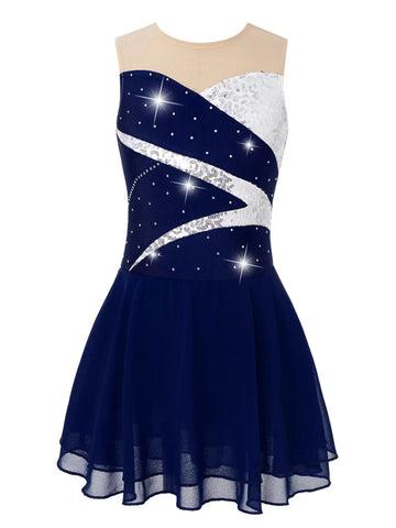 Kids Girls Sleeveless Shiny Rhinestone A-line Skating Dress