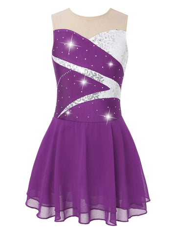 Kids Girls Sleeveless Shiny Rhinestone A-line Skating Dress