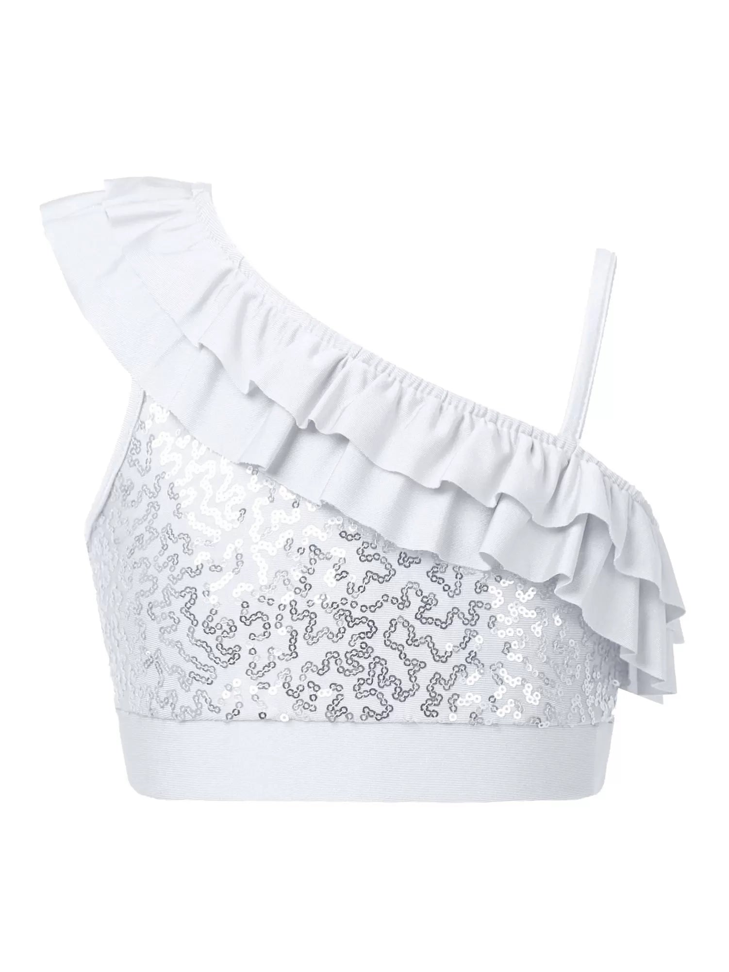 Kids Girls One Shoulder Sequin Ruffle Jazz Dance Crop Top