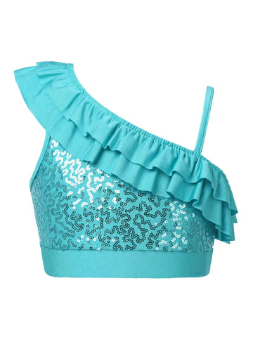 Kids Girls One Shoulder Sequin Ruffle Jazz Dance Crop Top