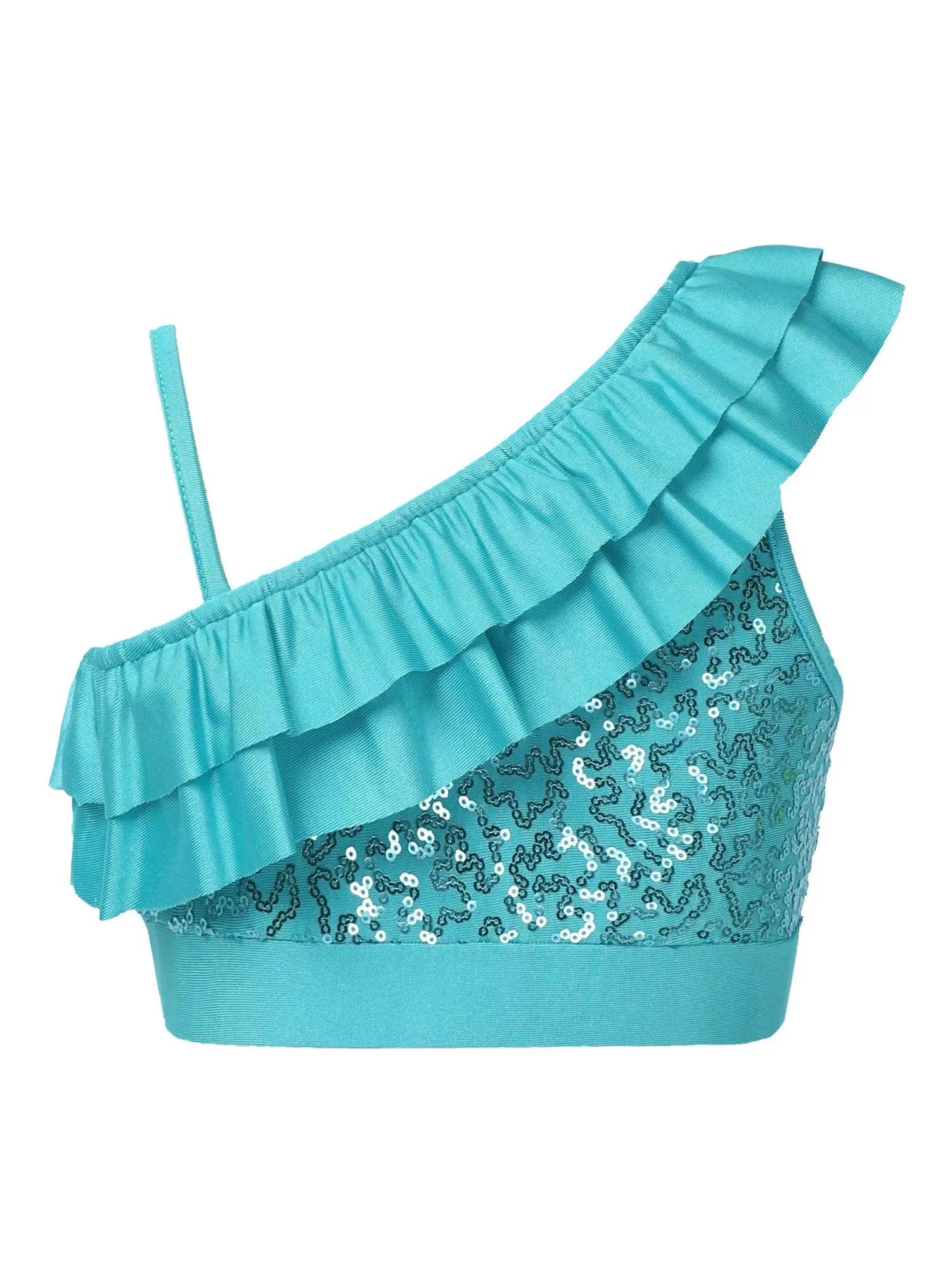 Kids Girls One Shoulder Sequin Ruffle Jazz Dance Crop Top