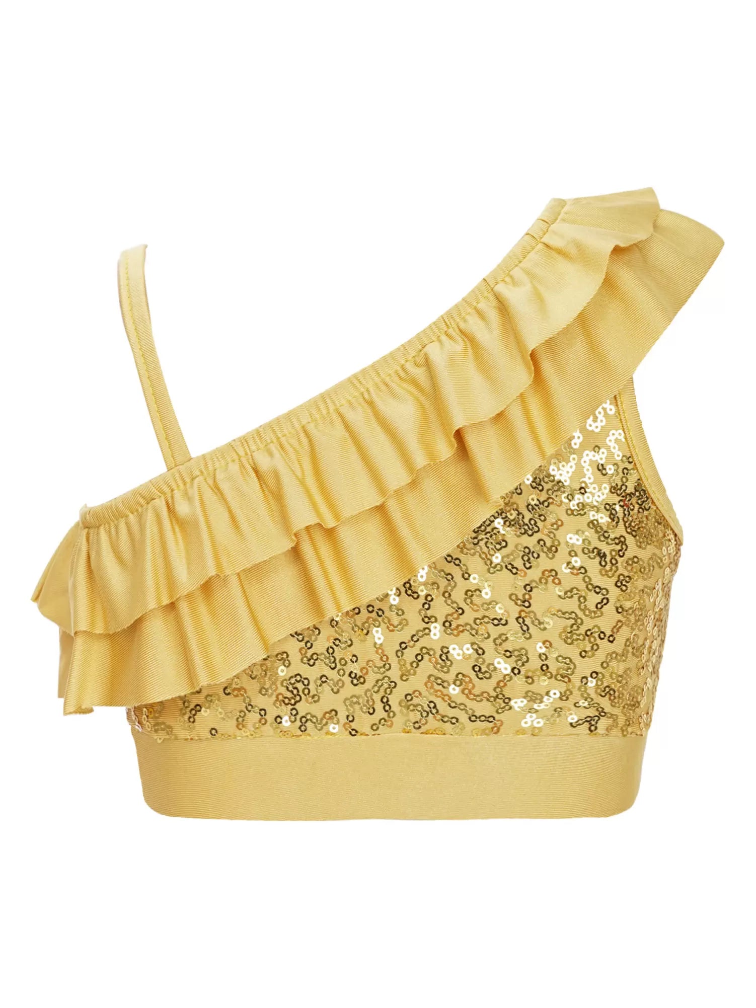 Kids Girls One Shoulder Sequin Ruffle Jazz Dance Crop Top