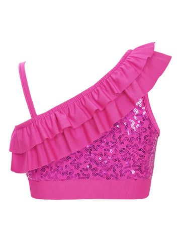 Kids Girls One Shoulder Sequin Ruffle Jazz Dance Crop Top