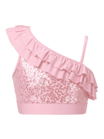 Kids Girls One Shoulder Sequin Ruffle Jazz Dance Crop Top