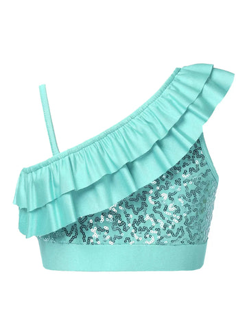 Kids Girls One Shoulder Sequin Ruffle Jazz Dance Crop Top