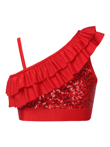 Kids Girls One Shoulder Sequin Ruffle Jazz Dance Crop Top