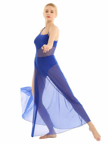 Women Spaghetti Strap Mesh Side Slit Maxi Lyrical Dance Dress