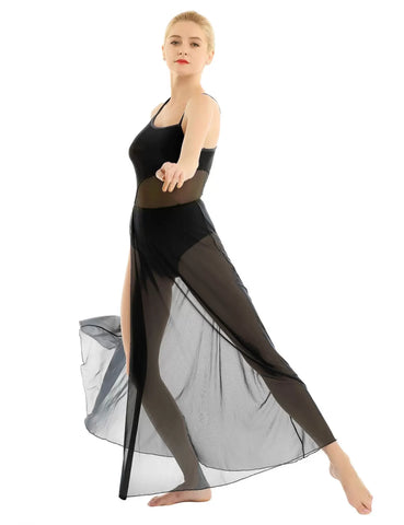 Women Spaghetti Strap Mesh Side Slit Maxi Lyrical Dance Dress