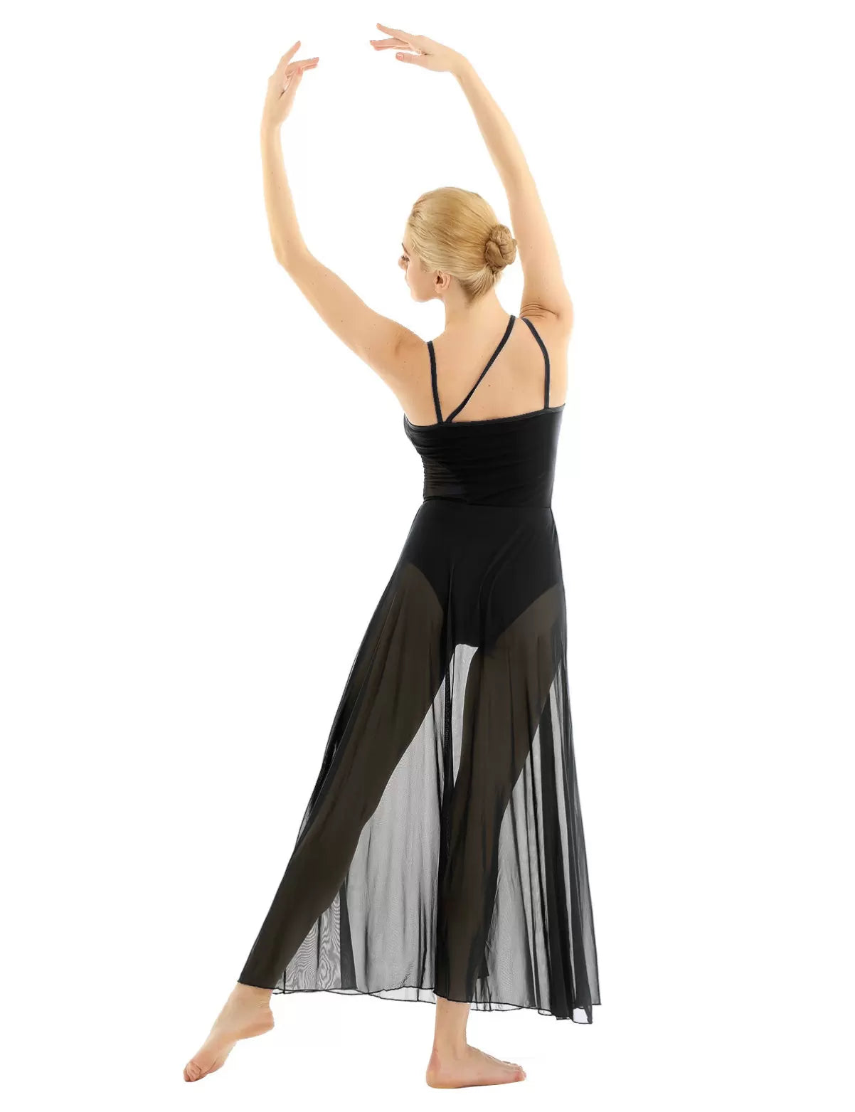 Women Spaghetti Strap Mesh Side Slit Maxi Lyrical Dance Dress