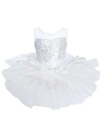 Kids Girls Sleeveless Sequin Tulle Ballet Dance Tutu Dress