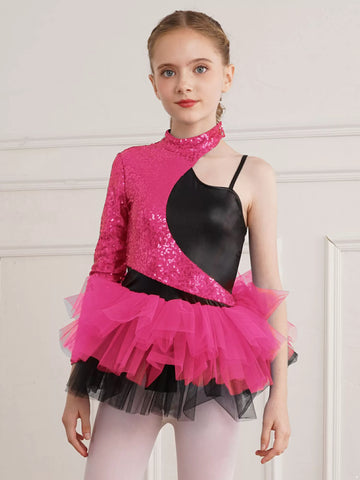 Kids Girls Sequin One Sleeves Ballet Tutu Dress