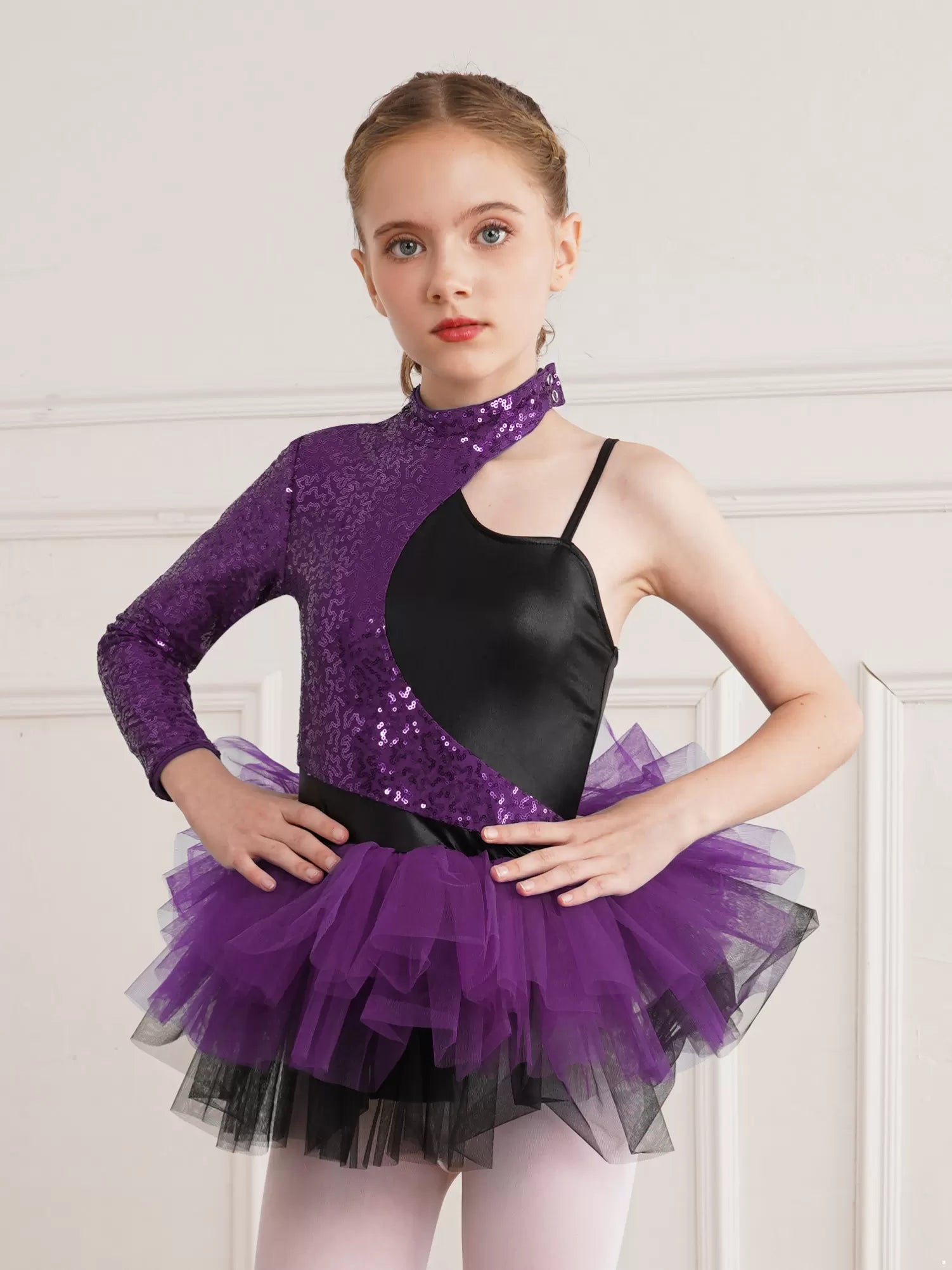 Kids Girls Sequin One Sleeves Ballet Tutu Dress