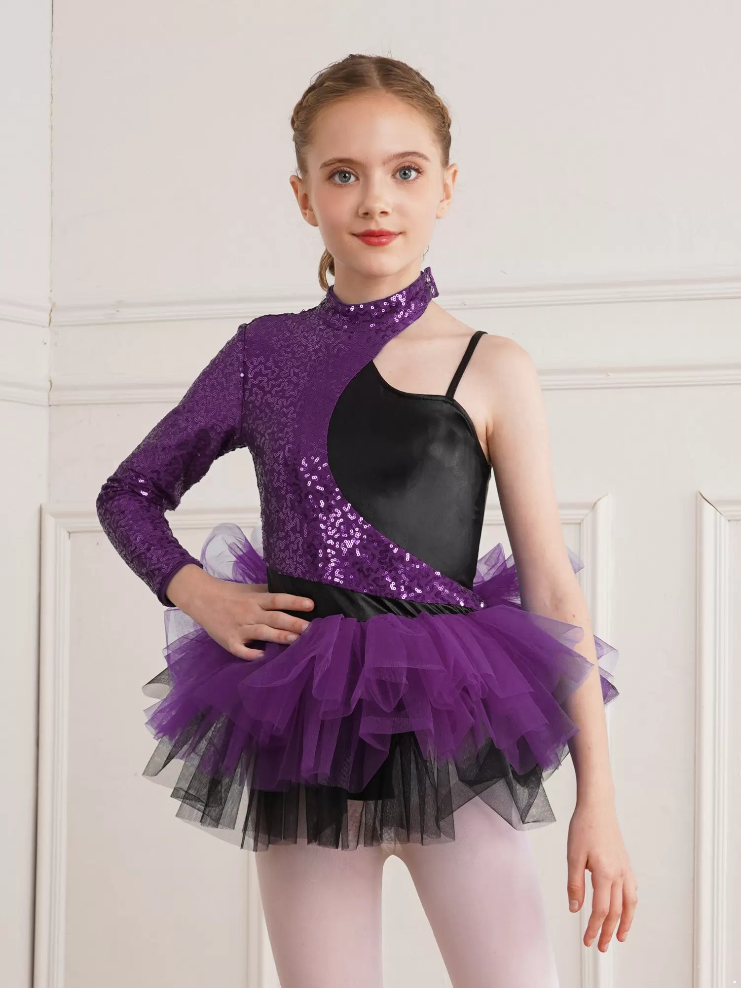 Kids Girls Sequin One Sleeves Ballet Tutu Dress