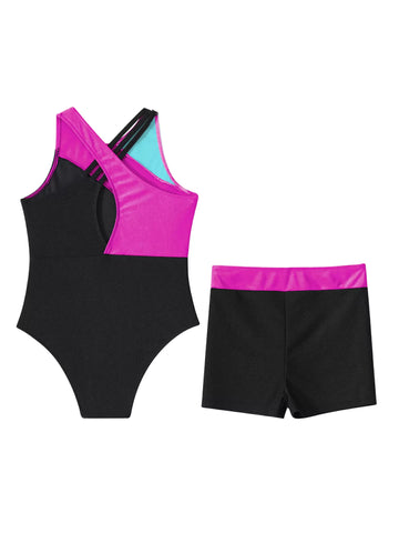 Kids Girls 2pcs Sleeveless Leotards and Shorts Gymnastic Set