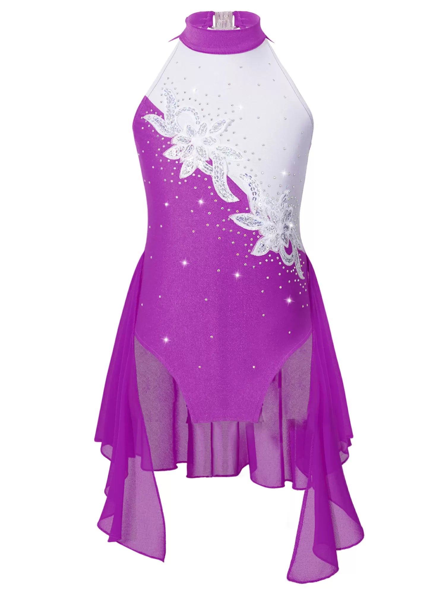 Kids Girls Sleeveless Halter Neck Sequins Beading Skating Dress