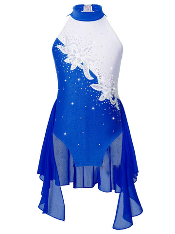 Kids Girls Sleeveless Halter Neck Sequins Beading Skating Dress