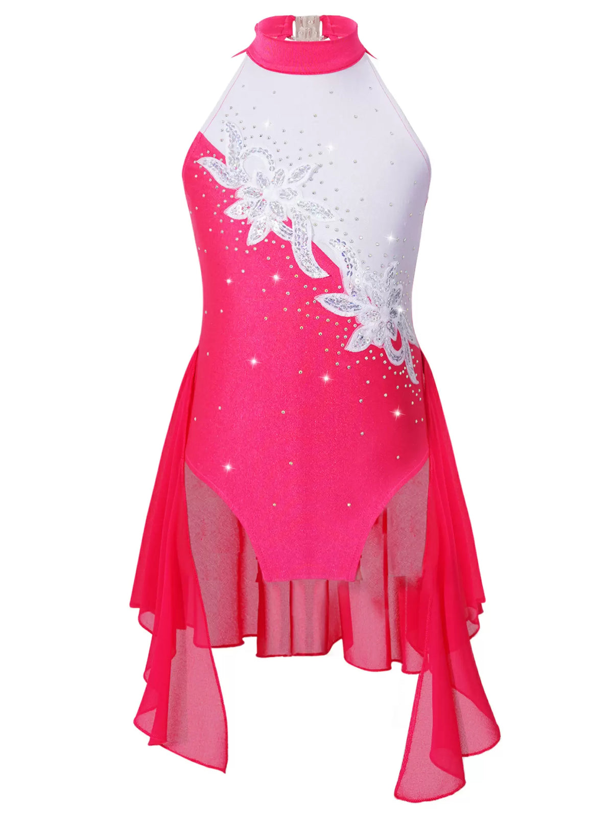 Kids Girls Sleeveless Halter Neck Sequins Beading Skating Dress