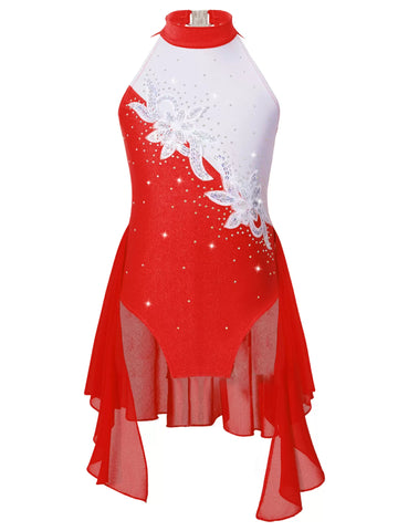 Kids Girls Sleeveless Halter Neck Sequins Beading Skating Dress