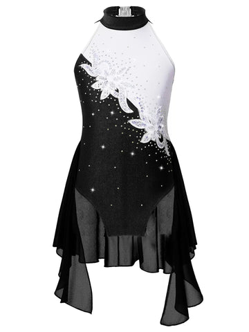 Kids Girls Sleeveless Halter Neck Sequins Beading Skating Dress