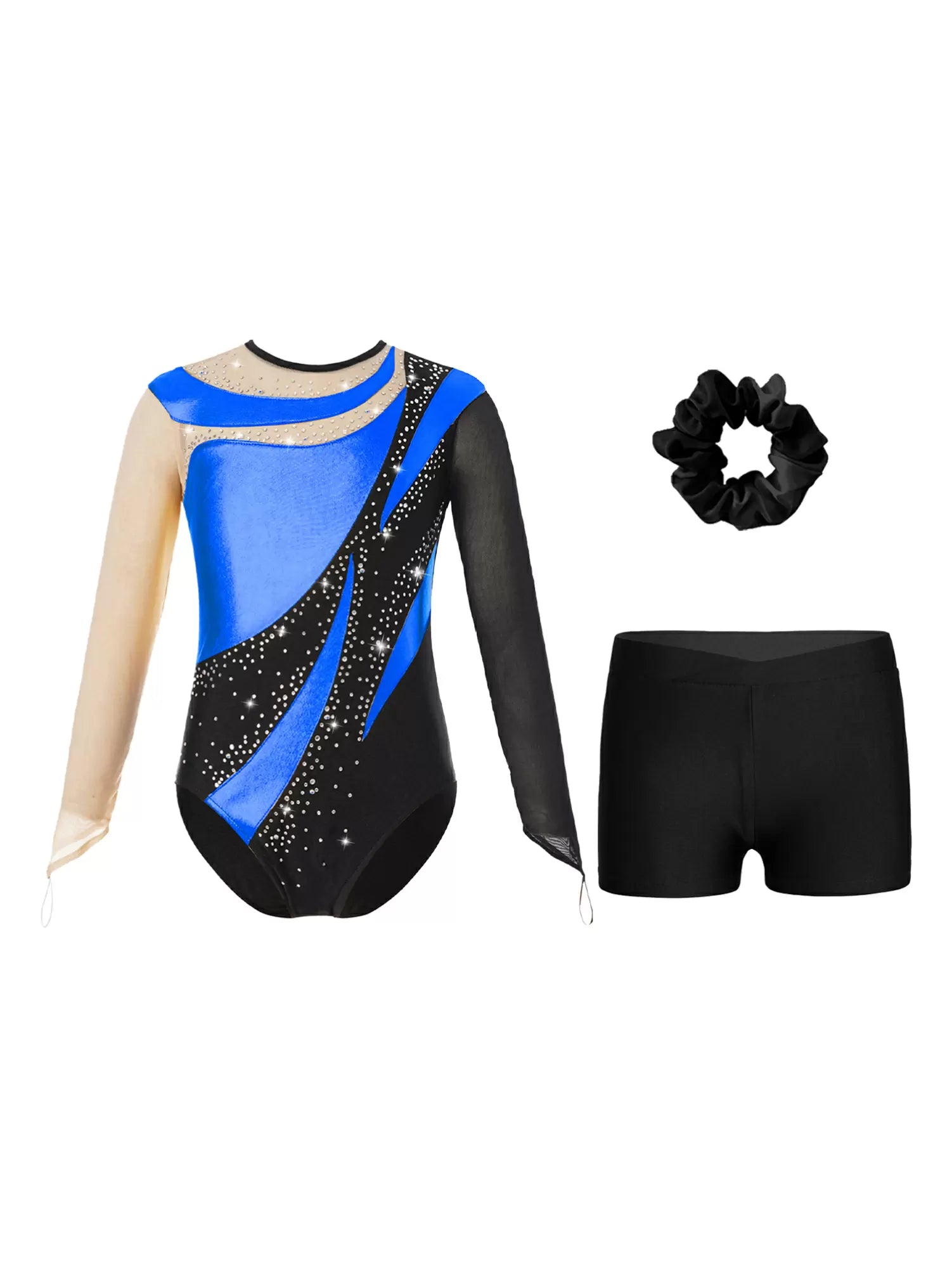 Kids Girls 3pcs Metallic Leotard and Shorts Headband Gymnastics Set