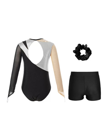 Kids Girls 3pcs Metallic Leotard and Shorts Headband Gymnastics Set