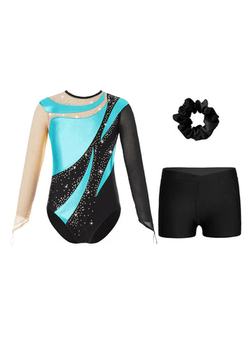 Kids Girls 3pcs Metallic Leotard and Shorts Headband Gymnastics Set