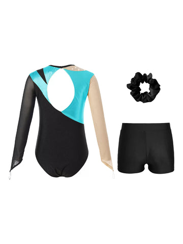 Kids Girls 3pcs Metallic Leotard and Shorts Headband Gymnastics Set