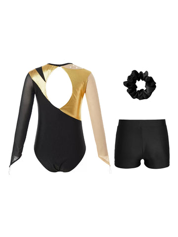 Kids Girls 3pcs Metallic Leotard and Shorts Headband Gymnastics Set