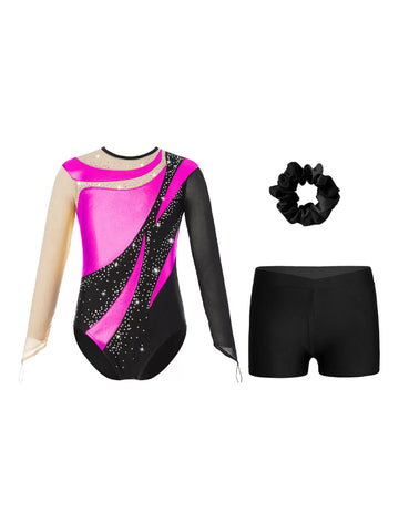 Kids Girls 3pcs Metallic Leotard and Shorts Headband Gymnastics Set