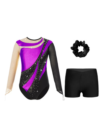 Kids Girls 3pcs Metallic Leotard and Shorts Headband Gymnastics Set