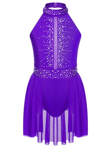 Kids Girls Halter Neck Rhinestones Lyrical Dance Leotard Dress