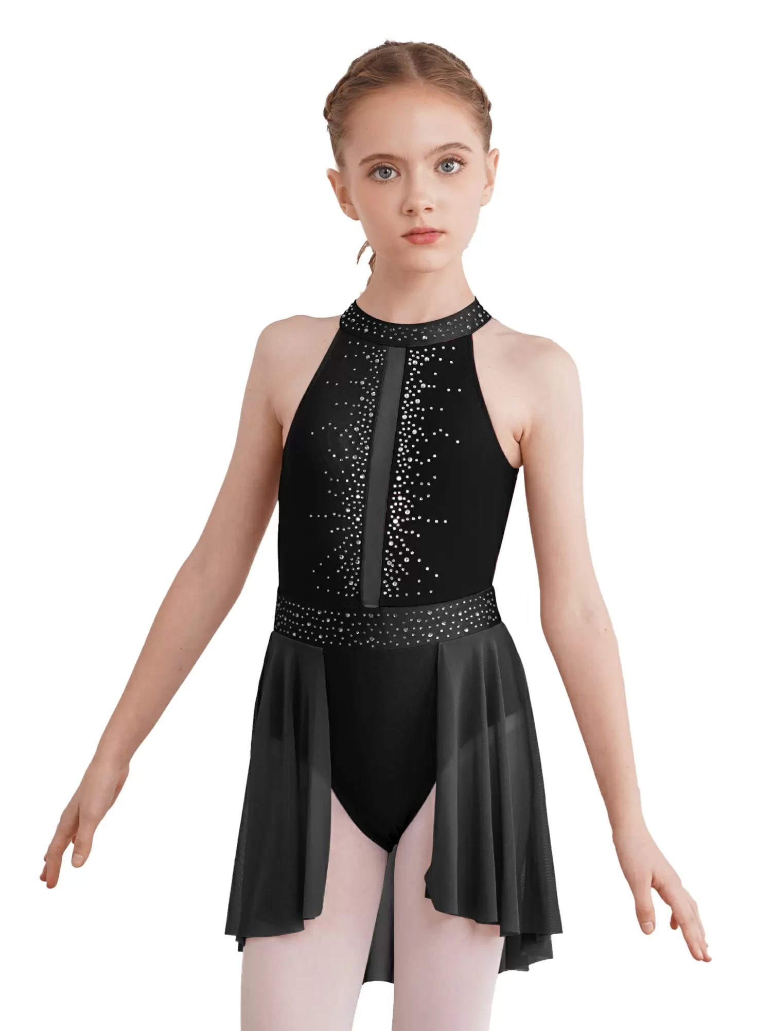 Kids Girls Halter Neck Rhinestones Lyrical Dance Leotard Dress