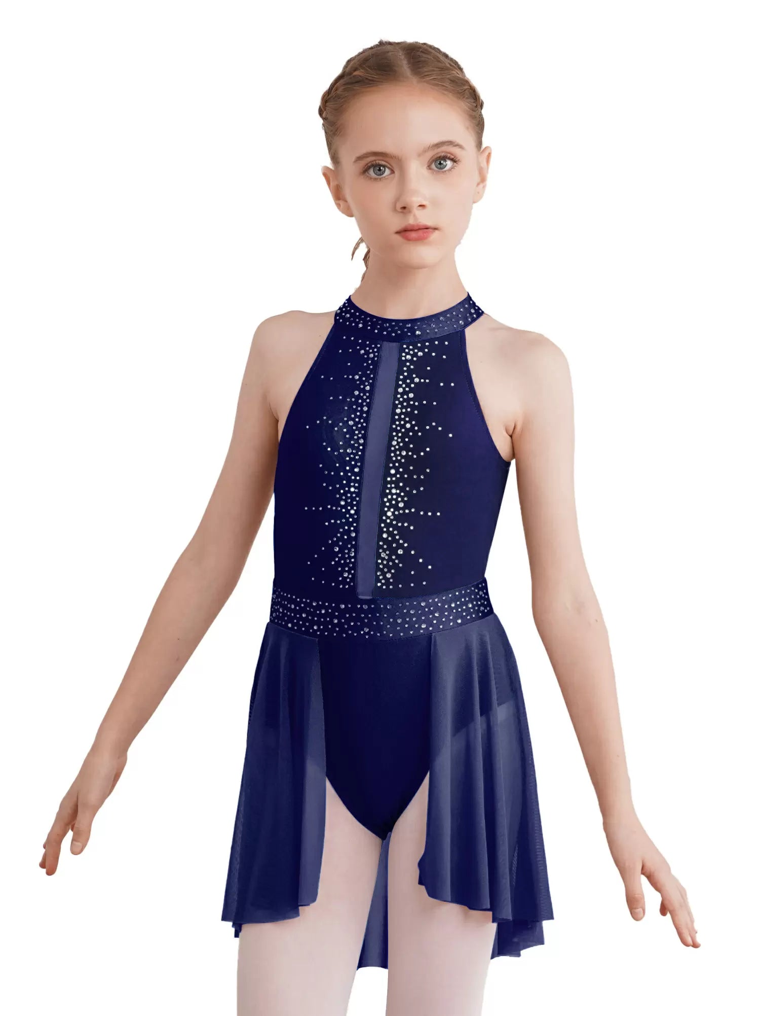 Kids Girls Halter Neck Rhinestones Lyrical Dance Leotard Dress