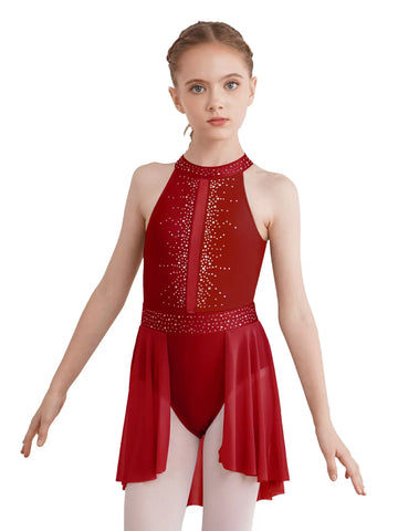 Kids Girls Halter Neck Rhinestones Lyrical Dance Leotard Dress