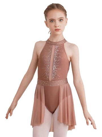 Kids Girls Halter Neck Rhinestones Lyrical Dance Leotard Dress