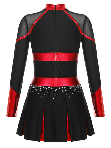 Girls Long Sleeve Rhinestones Colorblock Cheerlead Dance Dress