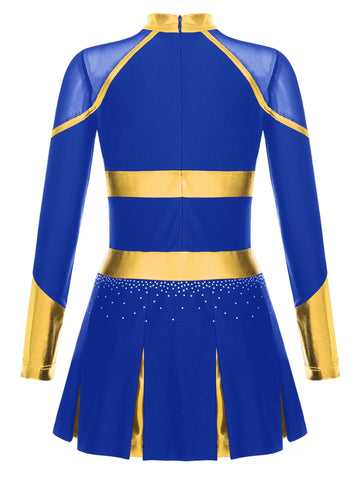 Girls Long Sleeve Rhinestones Colorblock Cheerlead Dance Dress