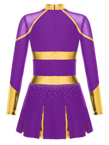 Girls Long Sleeve Rhinestones Colorblock Cheerlead Dance Dress