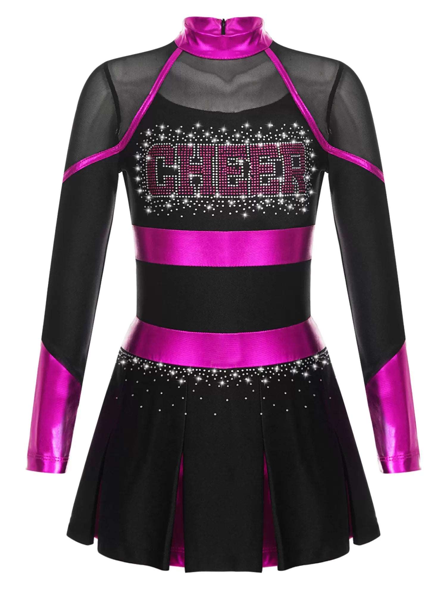 Girls Long Sleeve Rhinestones Colorblock Cheerlead Dance Dress