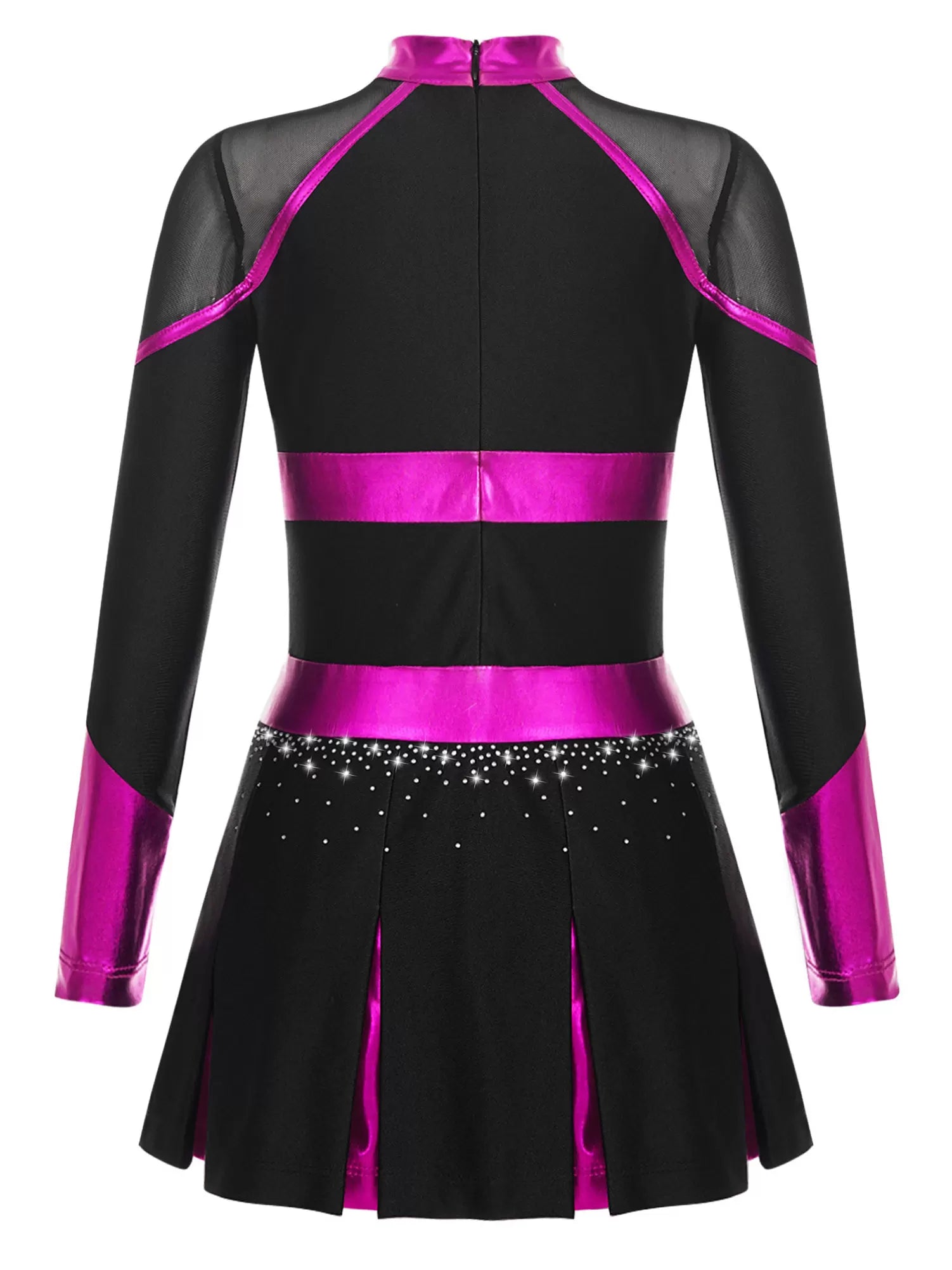 Girls Long Sleeve Rhinestones Colorblock Cheerlead Dance Dress