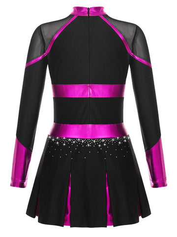 Girls Long Sleeve Rhinestones Colorblock Cheerlead Dance Dress