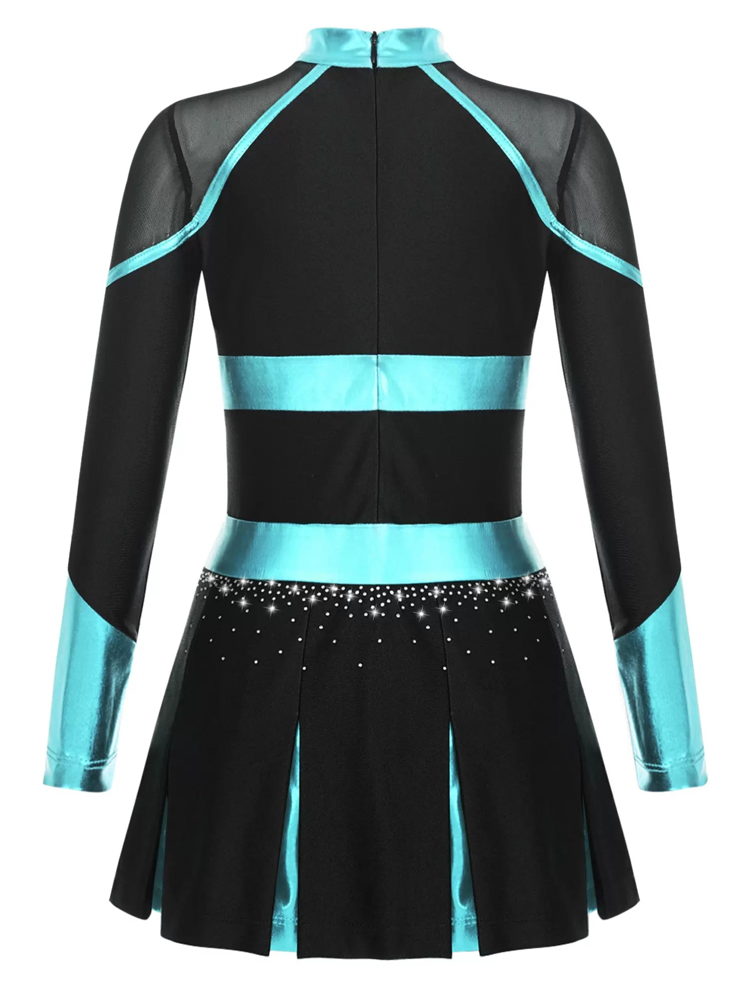 Girls Long Sleeve Rhinestones Colorblock Cheerlead Dance Dress