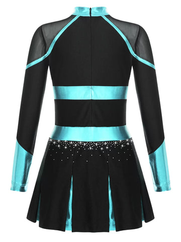 Girls Long Sleeve Rhinestones Colorblock Cheerlead Dance Dress