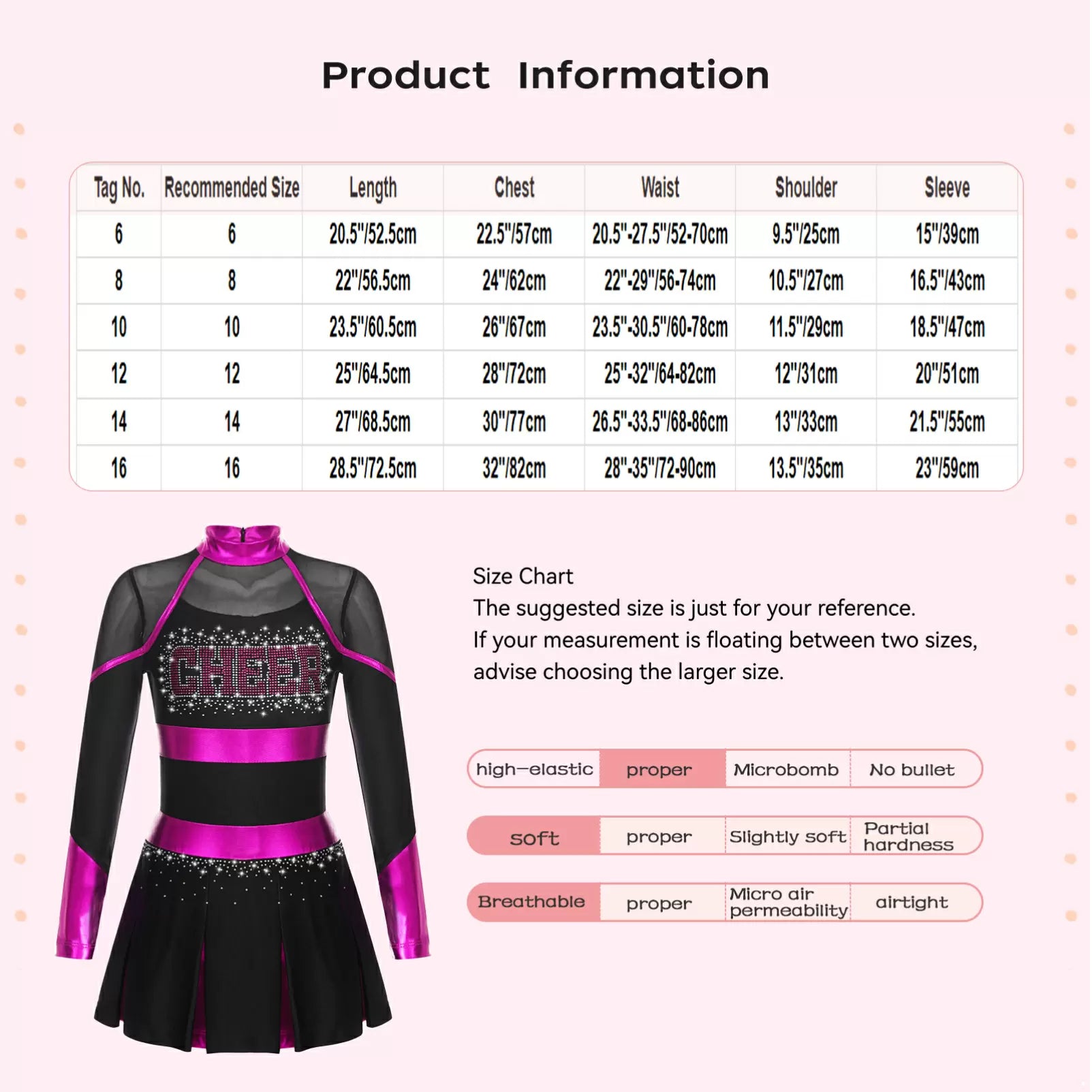 Girls Long Sleeve Rhinestones Colorblock Cheerlead Dance Dress